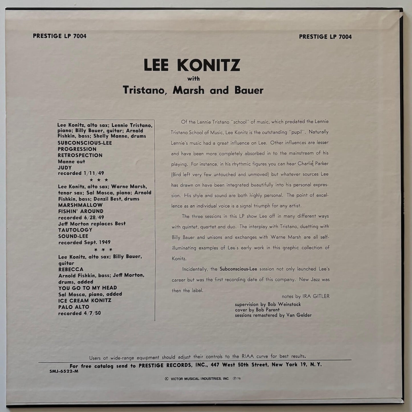 Lee Konitz - Subconscious-Lee (1976 Japanese Prestige Mono LP)