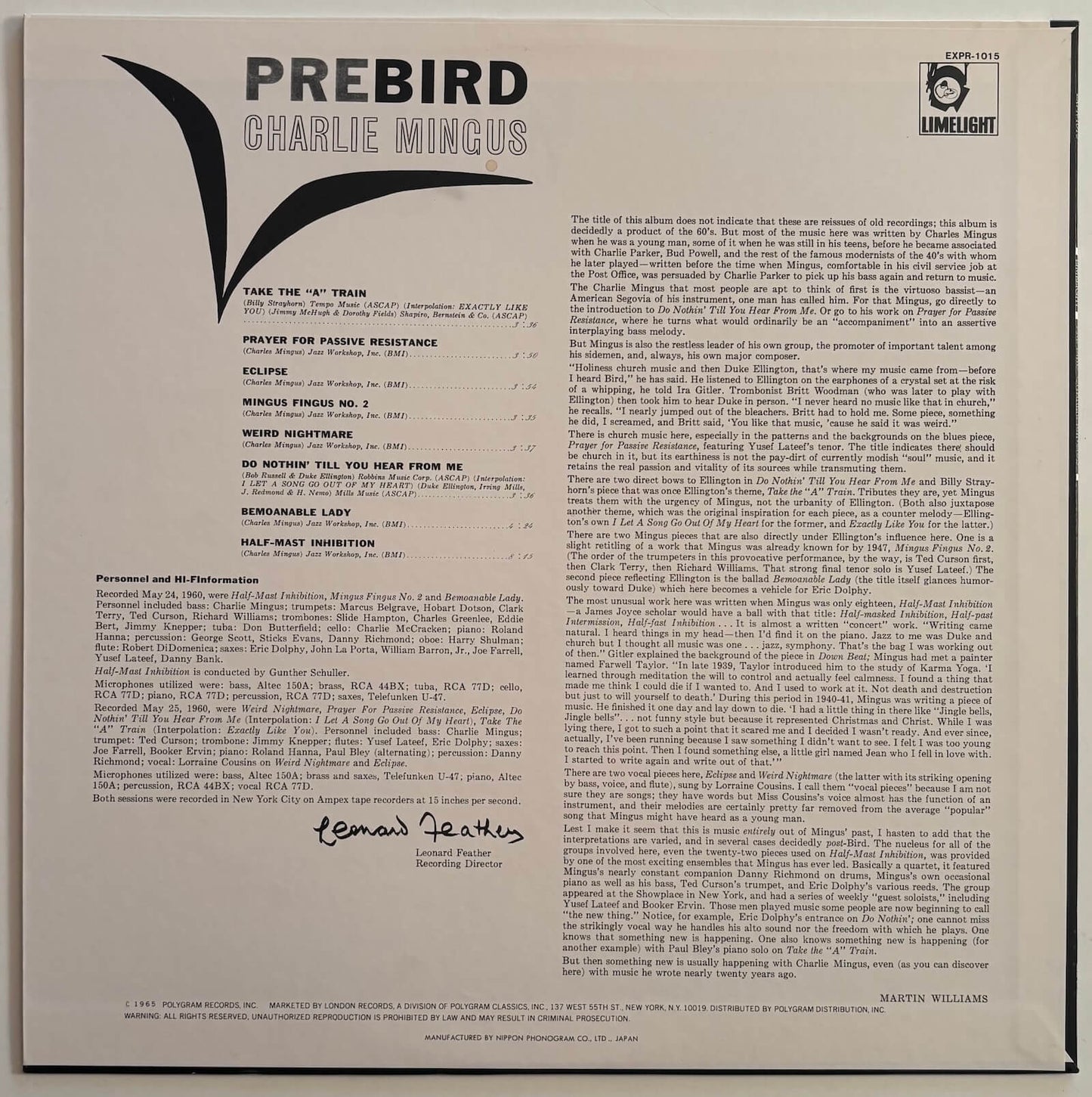 Charles Mingus - Pre-Bird (1982 Japanese Limelight Vinyl LP)