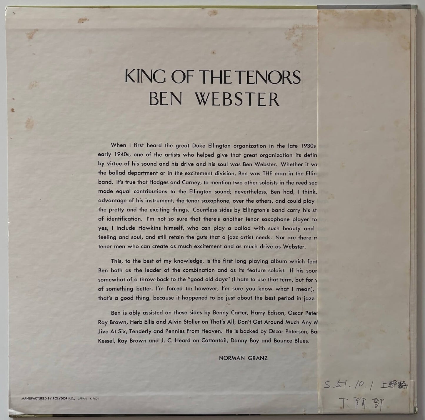 Ben Webster - King Of The Tenors (1976 Japanese Verve Vinyl LP Mono)