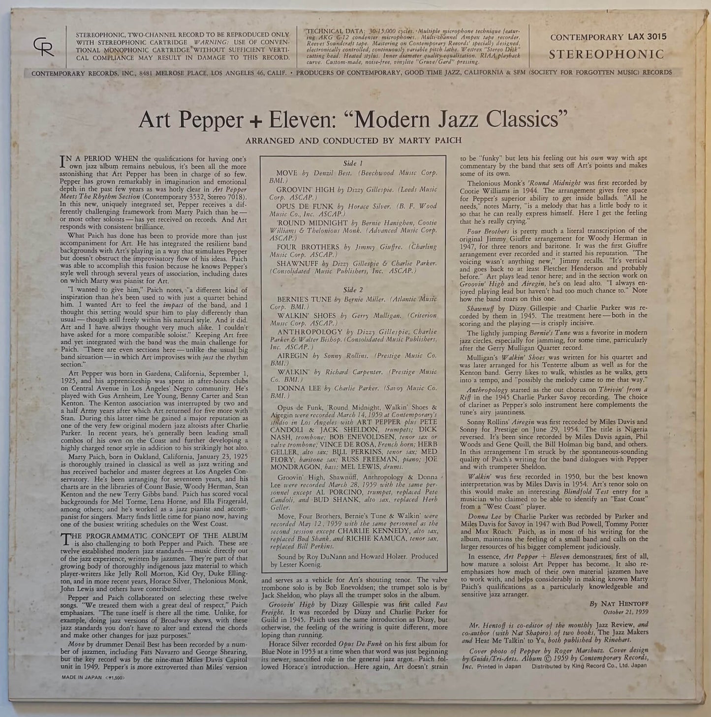 Art Pepper + Eleven - Modern Jazz Classics (1974 Japanese Contemporary Limited Edition Vinyl LP)