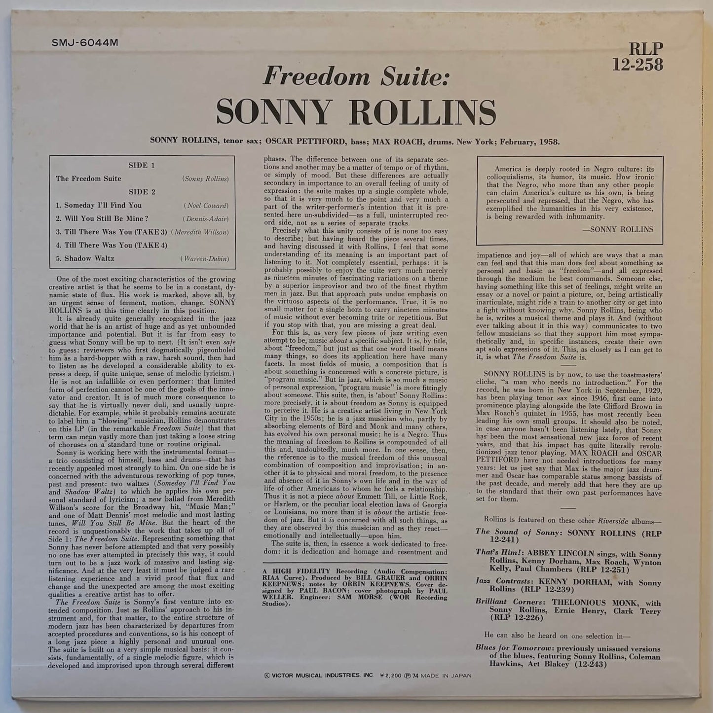 Sonny Rollins - Freedom Suite (1974 Japanese Milestone Vinyl LP Mono)