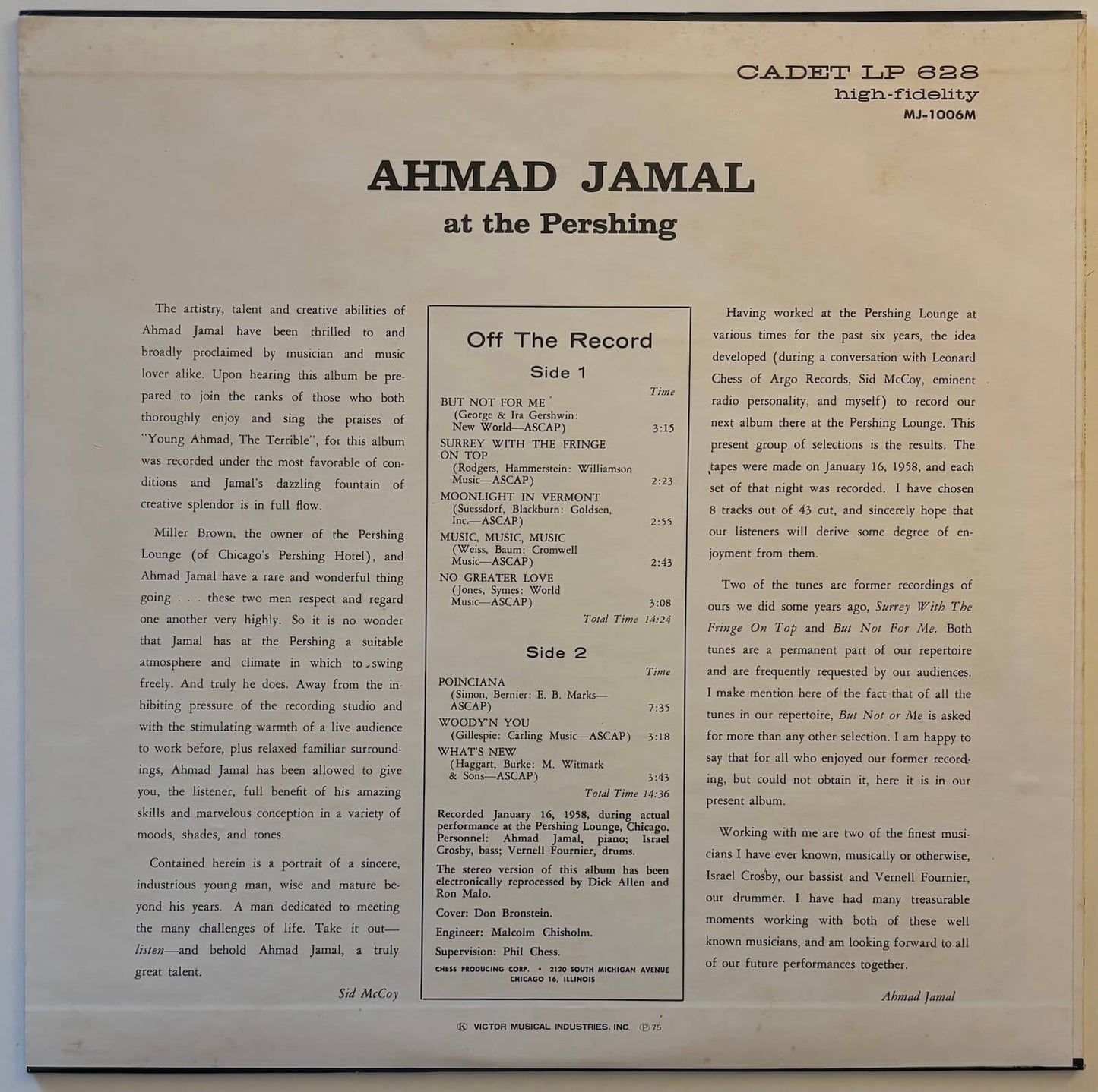 Ahmad Jamal Trio - Ahmad Jamal At The Pershing (1975 Japanese Cadet Vinyl LP Mono)