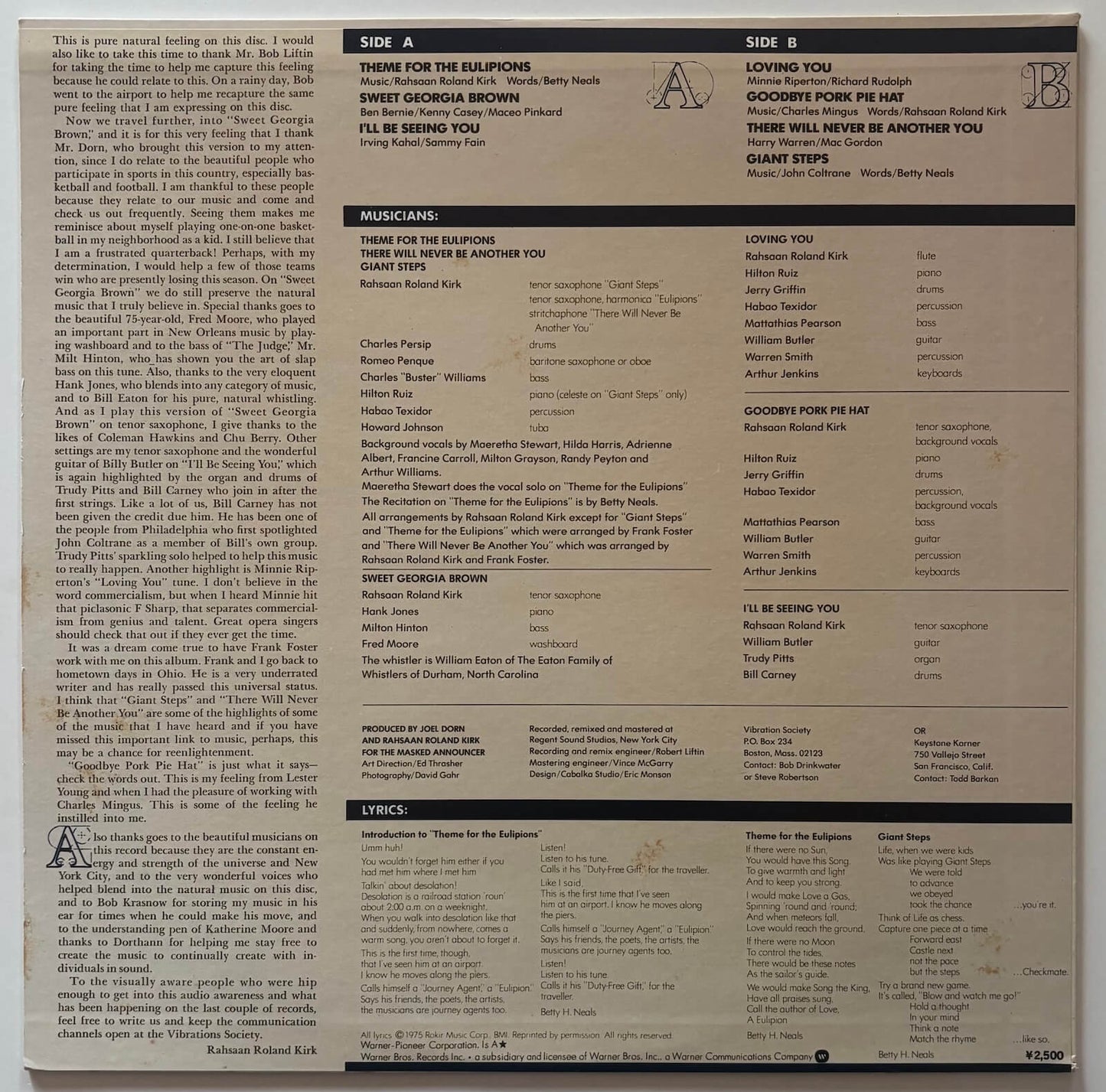 Rahsaan Roland Kirk - The Return Of The 5000 Lb. Man (1976 Japanese Warner Bros. Vinyl LP)