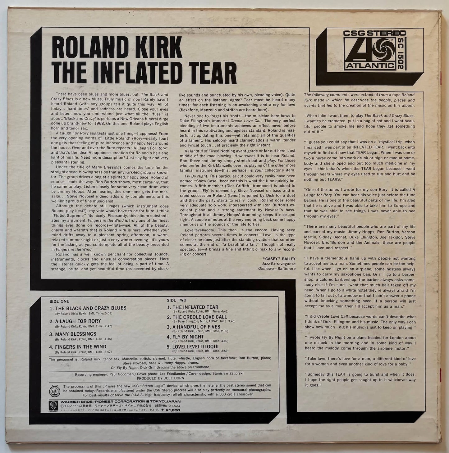 Roland Kirk - The Inflated Tear (1971 Japanese Atlantic Vinyl LP)