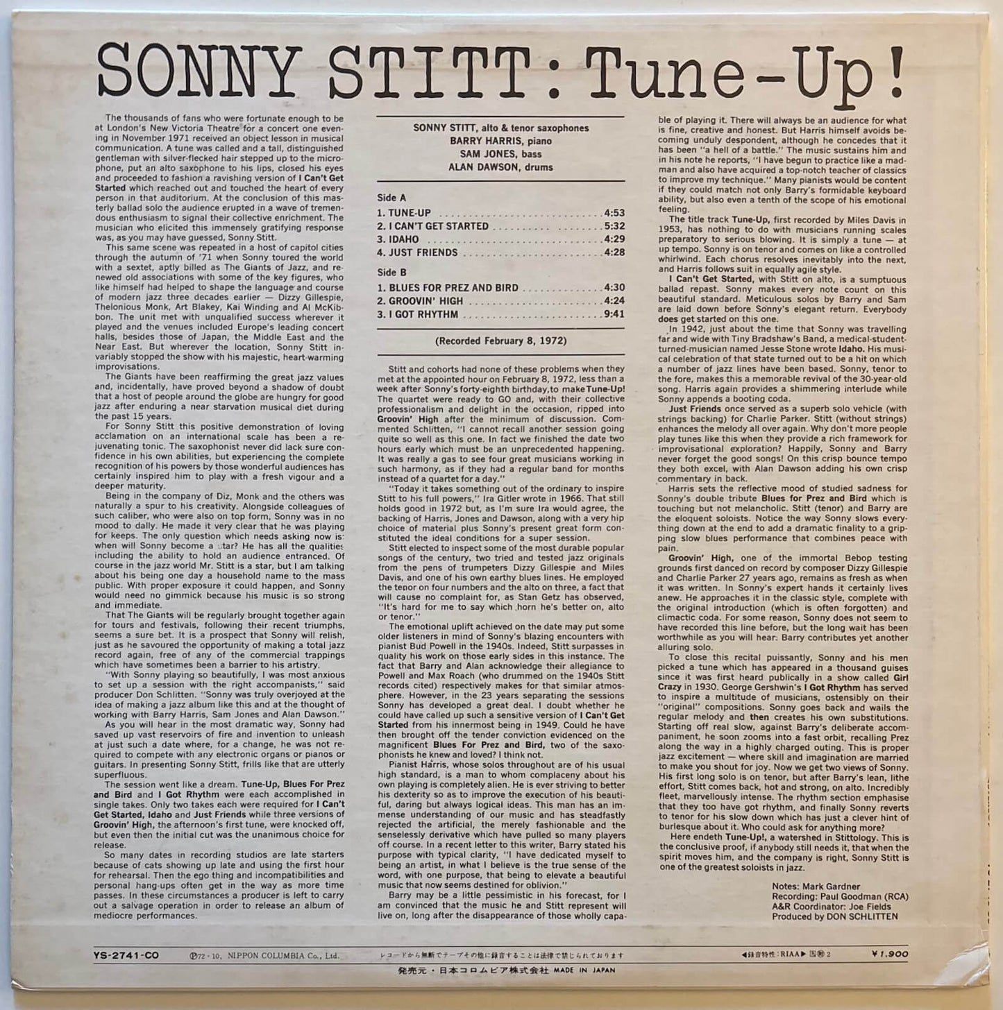 Sonny Stitt - Tune-Up! (1972 Japanese Cobblestone Vinyl LP)