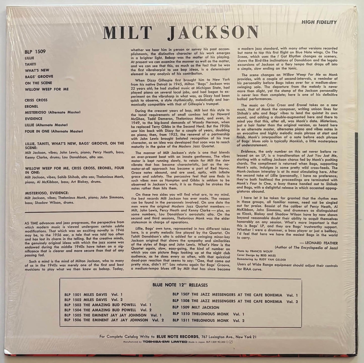 Milt Jackson - Milt Jackson And The Thelonious Monk Quintet (1983 Japanese Blue Note Vinyl LP Mono)