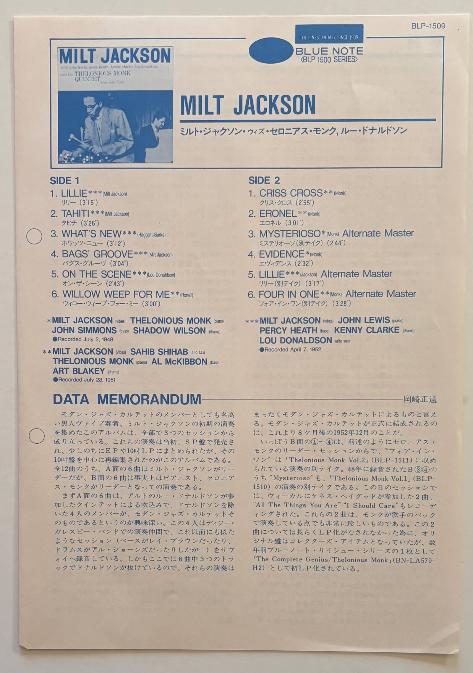 Milt Jackson & Thelonious Monk Quintet (1983 Blue Note Japan