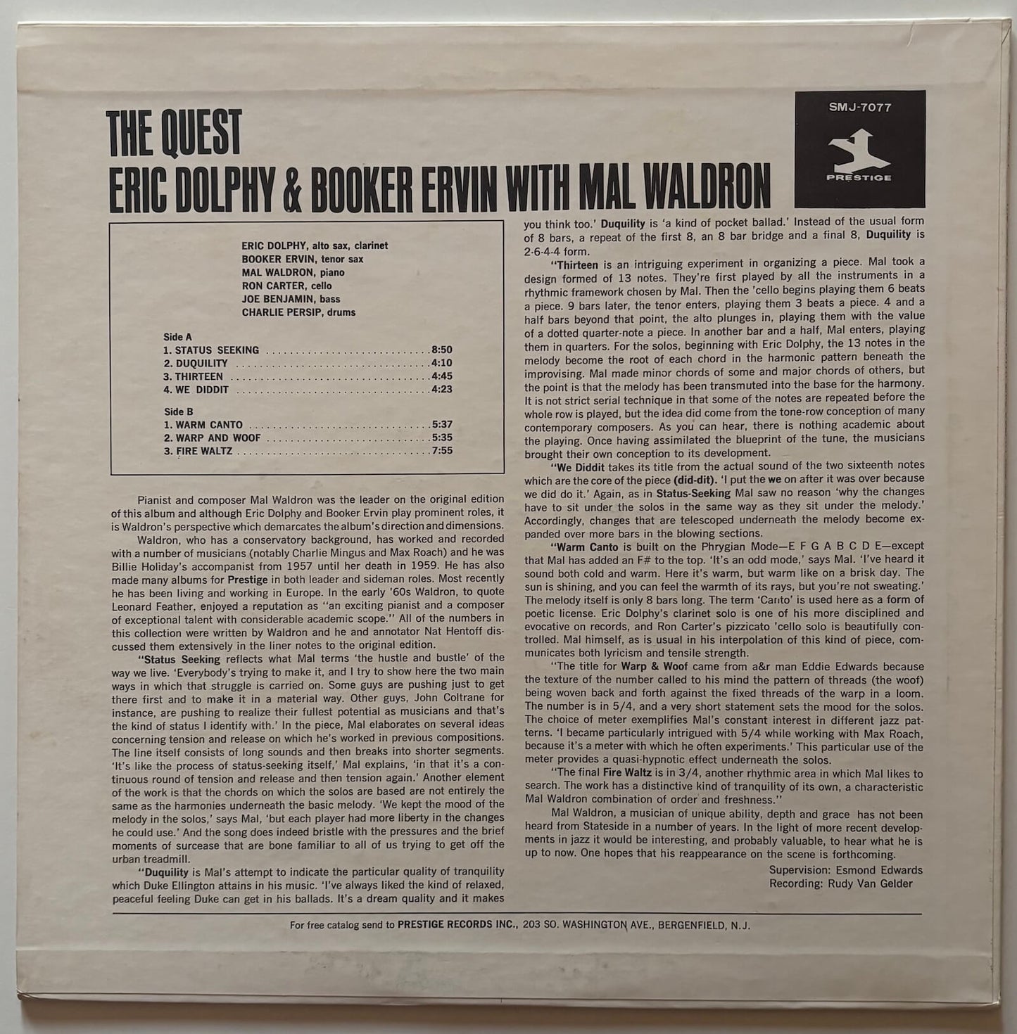 Mal Waldron With Eric Dolphy And Booker Ervin - The Quest (1966 Japanese Prestige Vinyl LP)