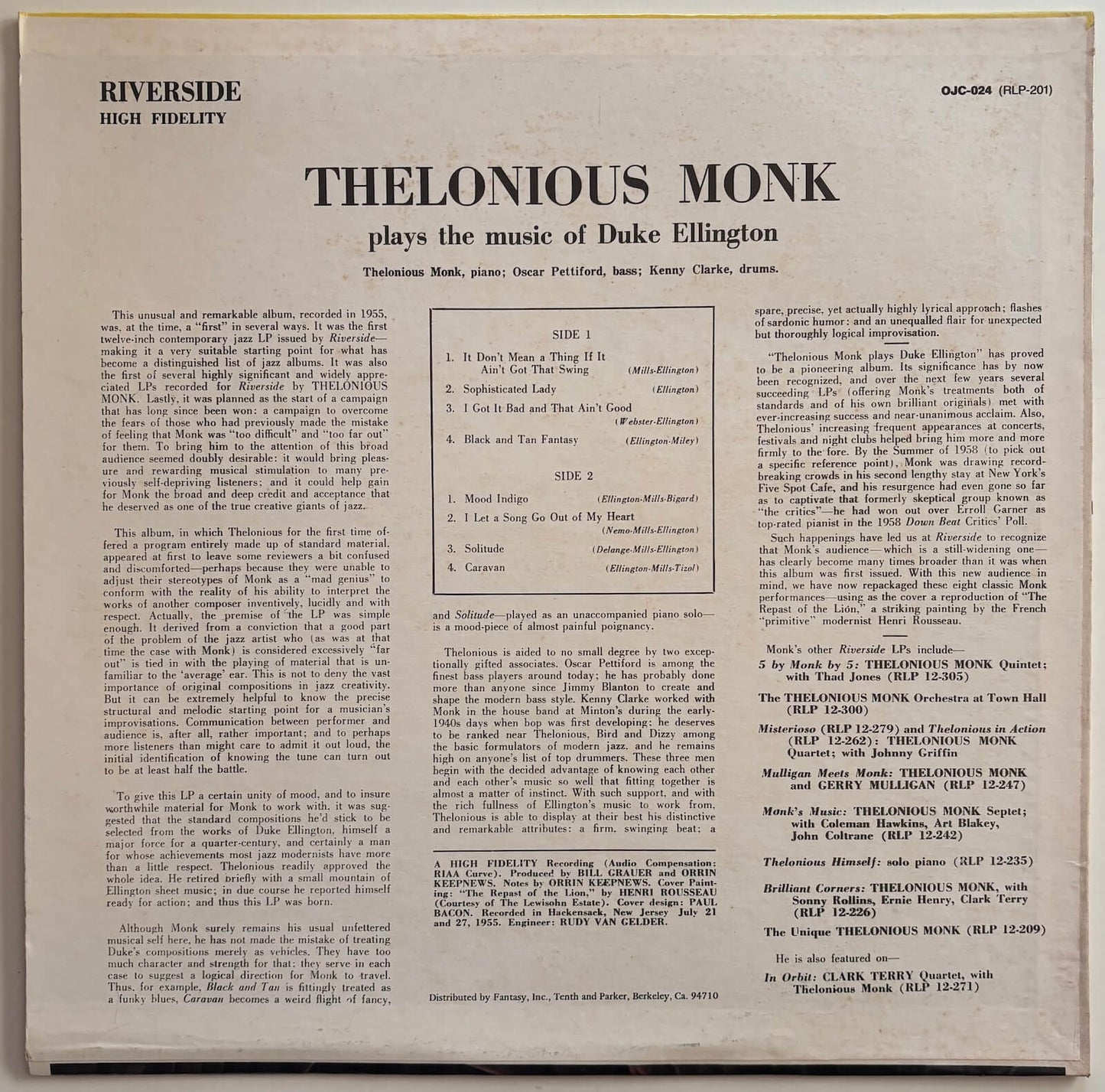Thelonious Monk - Thelonious Monk Plays Duke Ellington (1982 US Riverside Vinyl LP Mono)