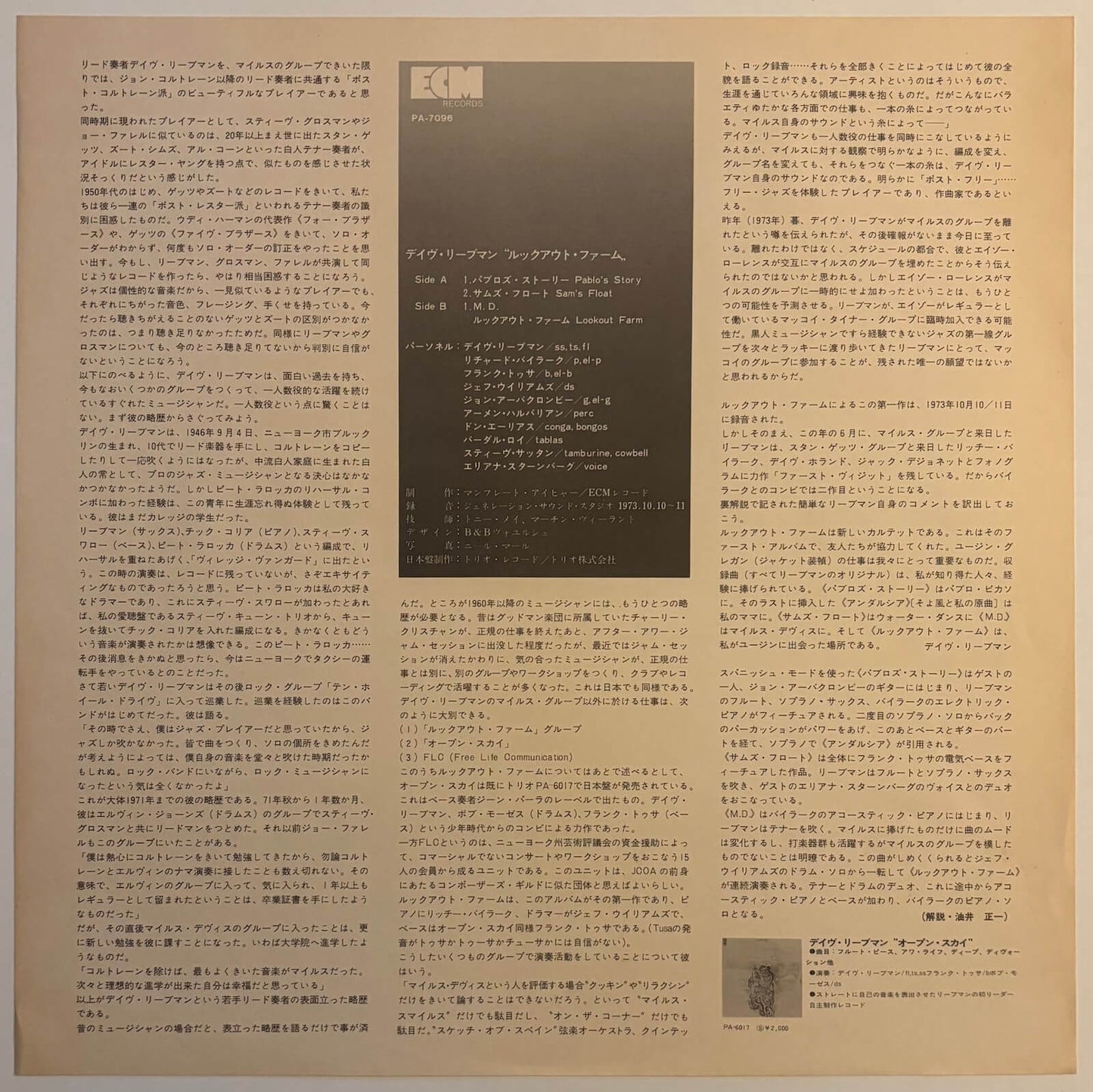 Dave Liebman - Lookout Farm (1974 Japanese ECM Vinyl LP)