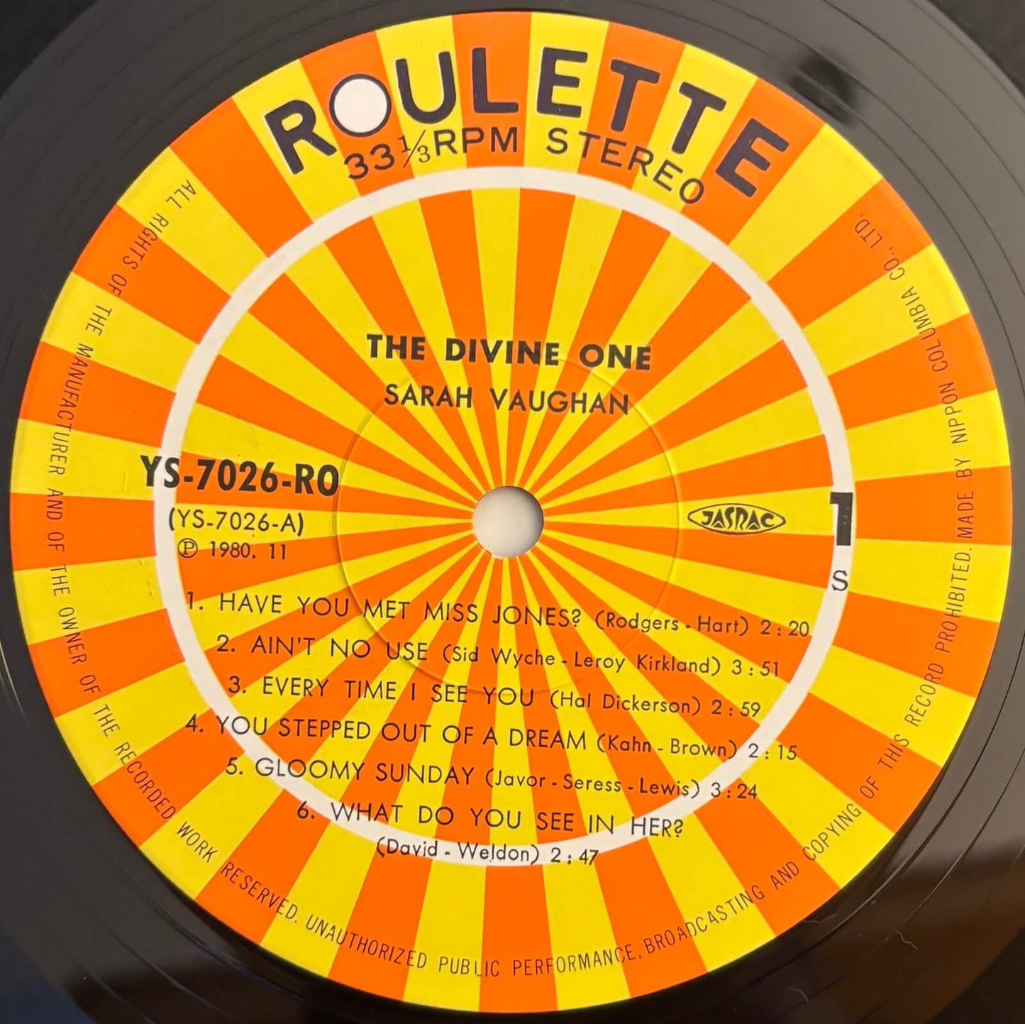 Sarah Vaughan - The Divine One (1980 Japanese Roulette Vinyl LP)