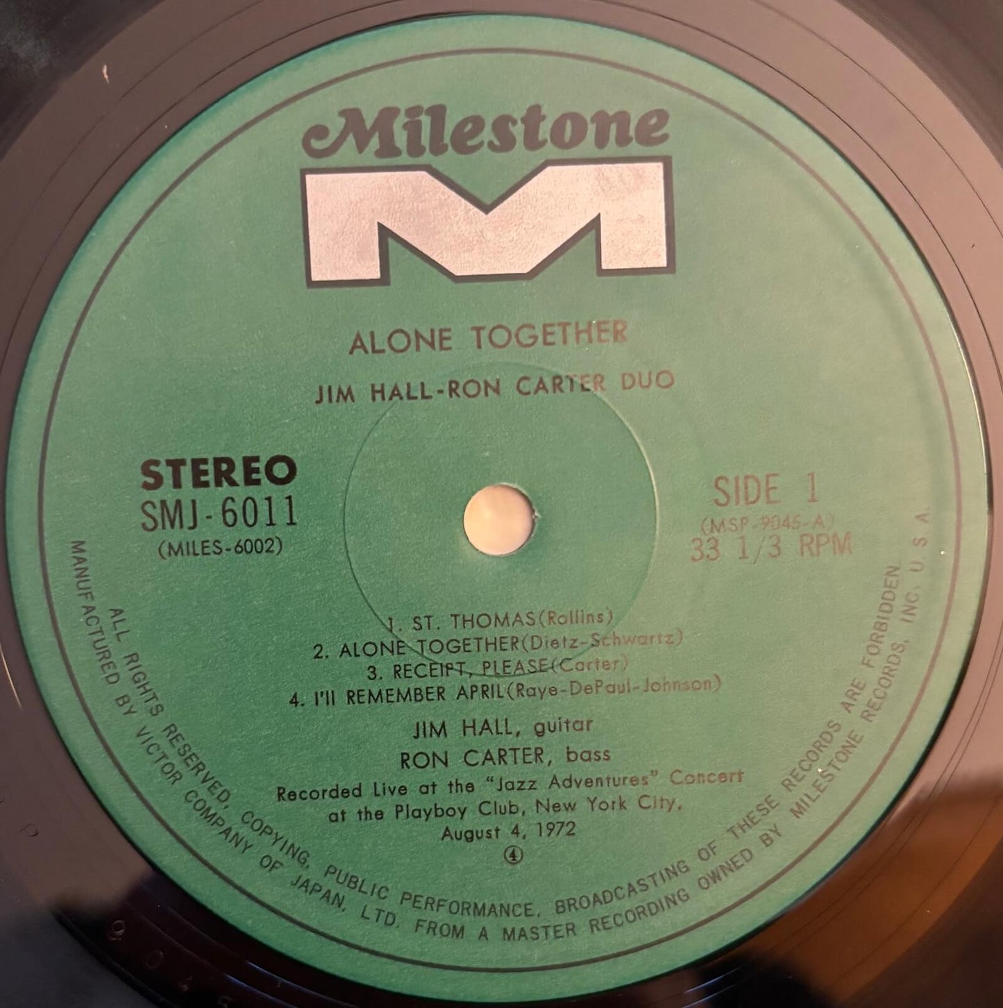 Jim Hall / Ron Carter Duo - Alone Together (1973 Japanese Milestone Vinyl LP)