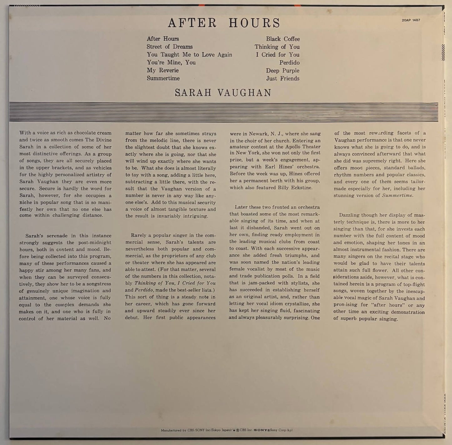 Sarah Vaughan - After Hours With Sarah Vaughan (1979 Japanese CBS/Sony Vinyl LP Mono)
