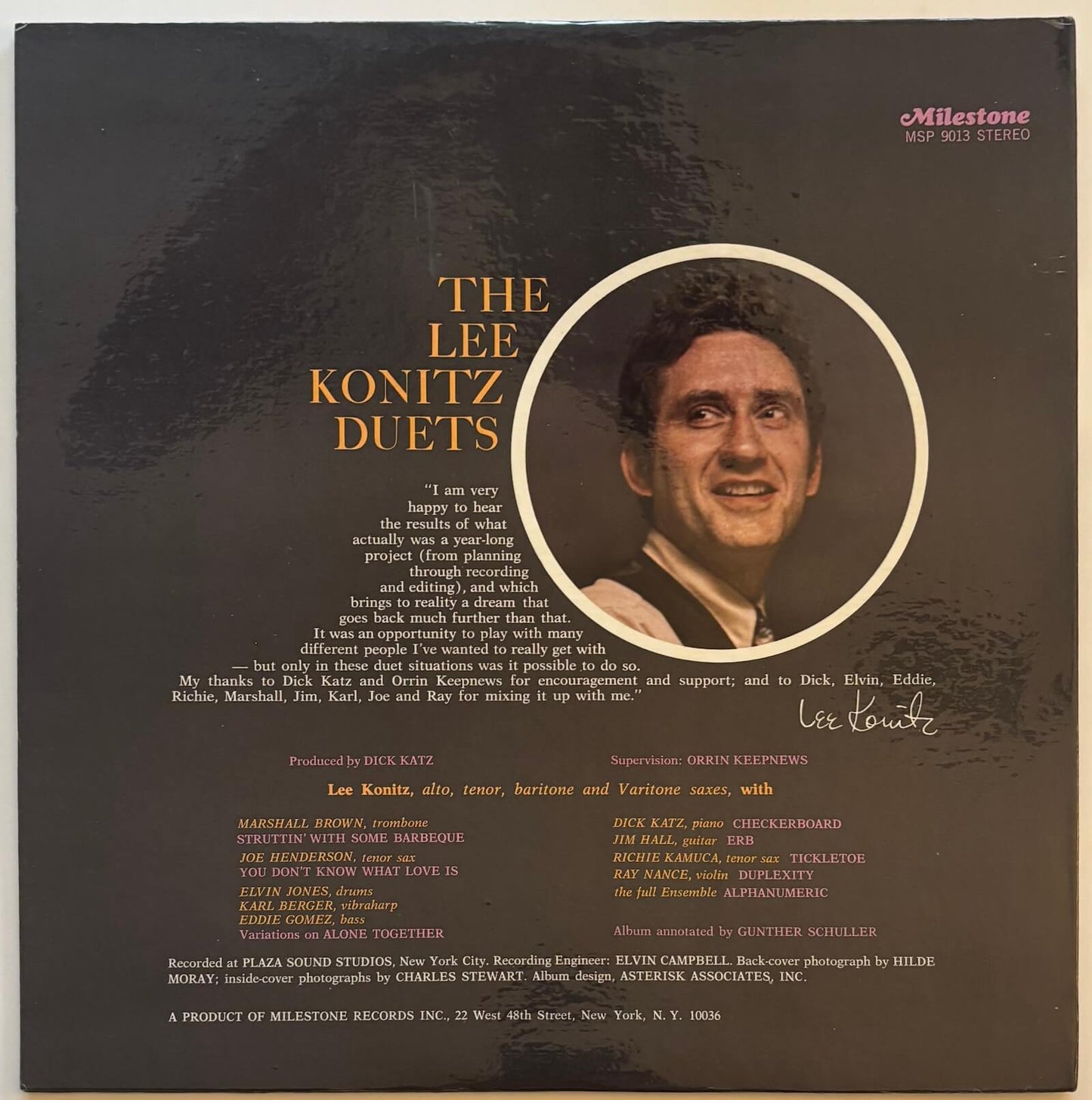 Lee Konitz - Duets (1970s US Milestone Gatefold Vinyl LP)