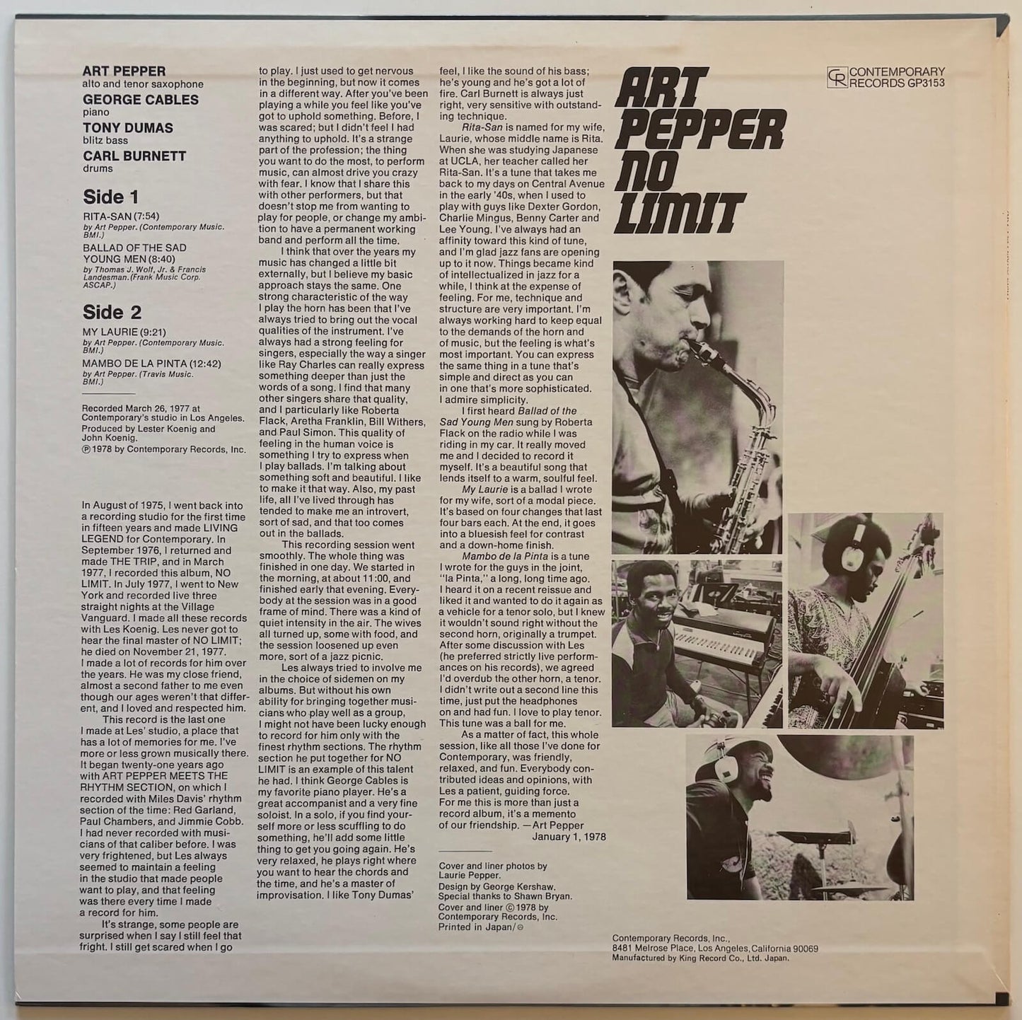 Art Pepper - No Limit (1978 Japanese Contemporary Vinyl LP)