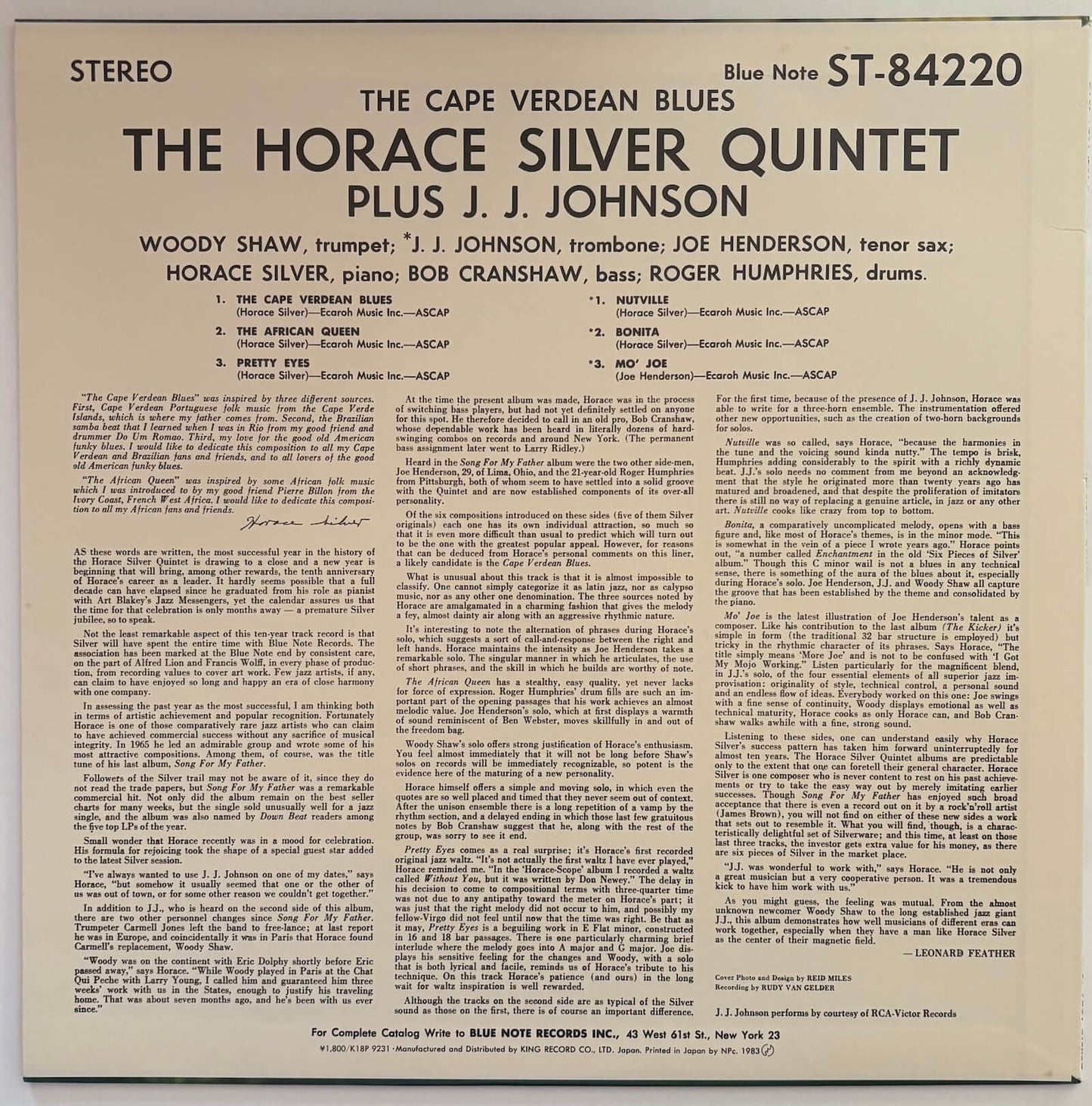 Horace Silver Quintet - The Cape Verdean Blues (1983 Japanese Blue Note Vinyl LP)