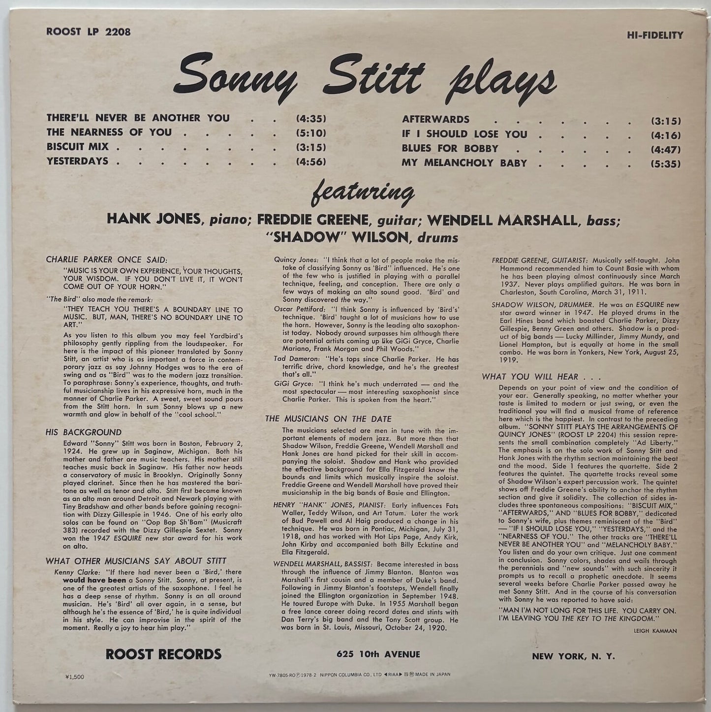 Sonny Stitt - Sonny Stitt Plays (1978 Japanese Roost Mono Vinyl LP)