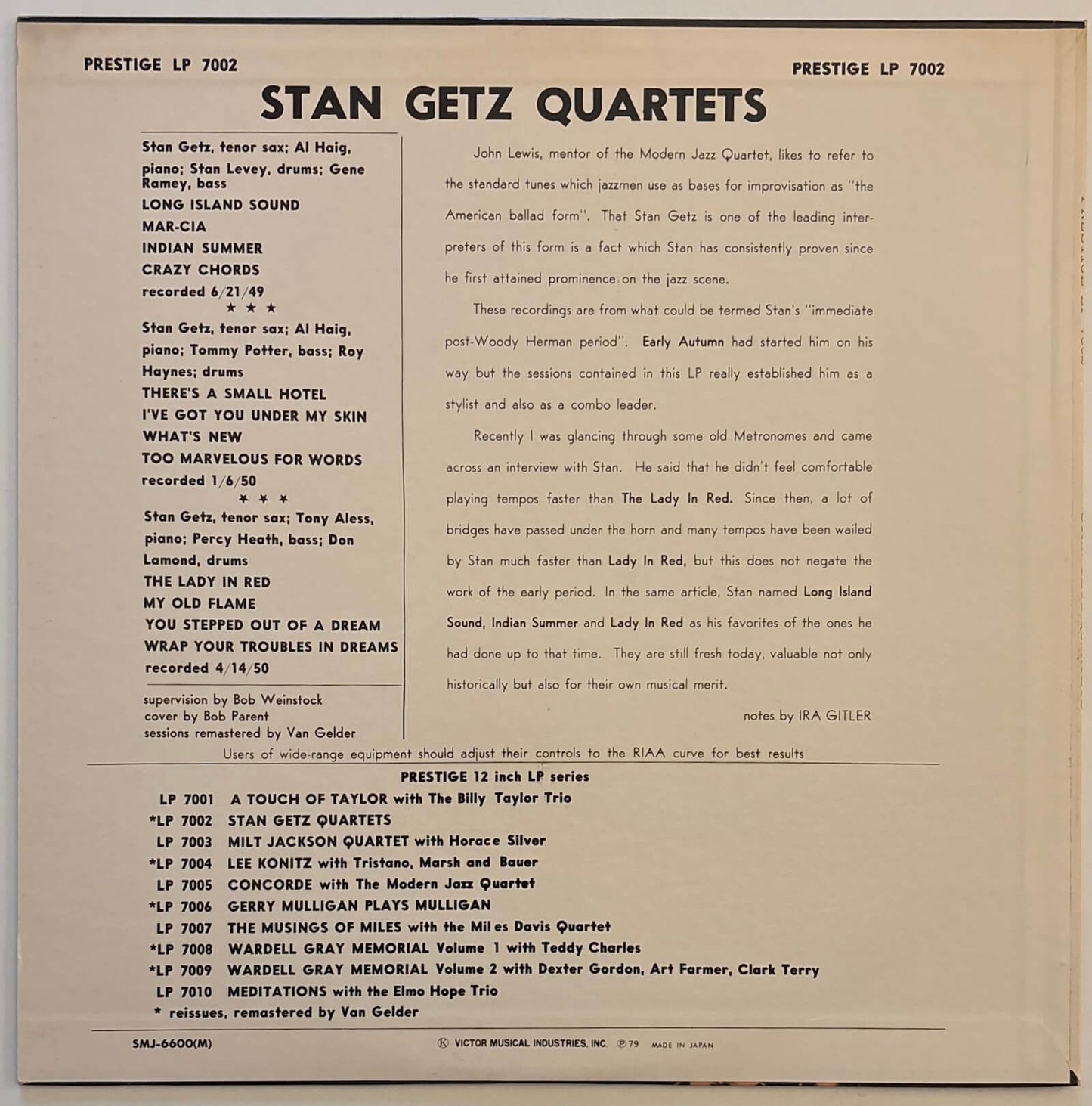 Stan Getz - Stan Getz Quartets (1979 Japanese Prestige Mono Vinyl LP)