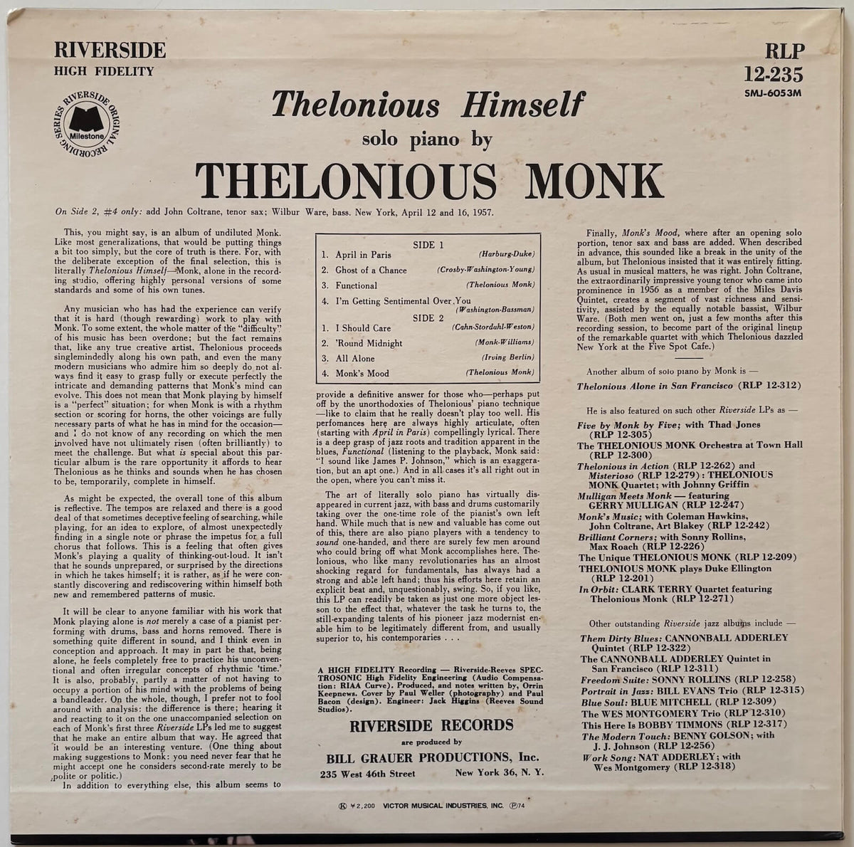 Thelonious Monk - Thelonious Himself (1974 Japanese Riverside Mono Vinyl LP)
