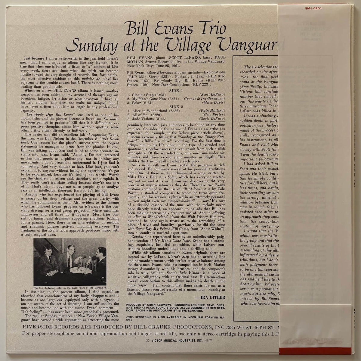 Bill Evans Trio featuring Scott LaFaro - Sunday at the Village Vanguard (1977 Japanese Riverside Vinyl LP)