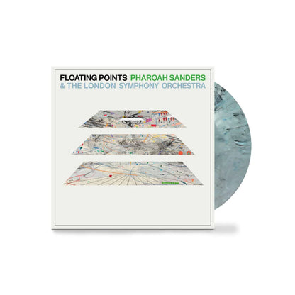 Vinyl record with cover featuring 'Floating Points', 'Pharoah Sanders', and 'The London Symphony Orchestra' on a white background.
