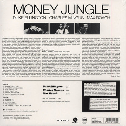 Back cover of a music album featuring Duke Ellington, Charles Mingus, and Max Roach with text and track listings.