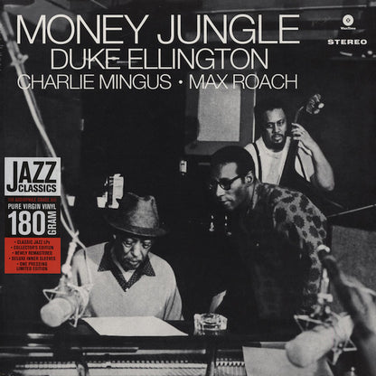 Album cover of 'Money Jungle' by Duke Ellington featuring musicians in a recording studio.