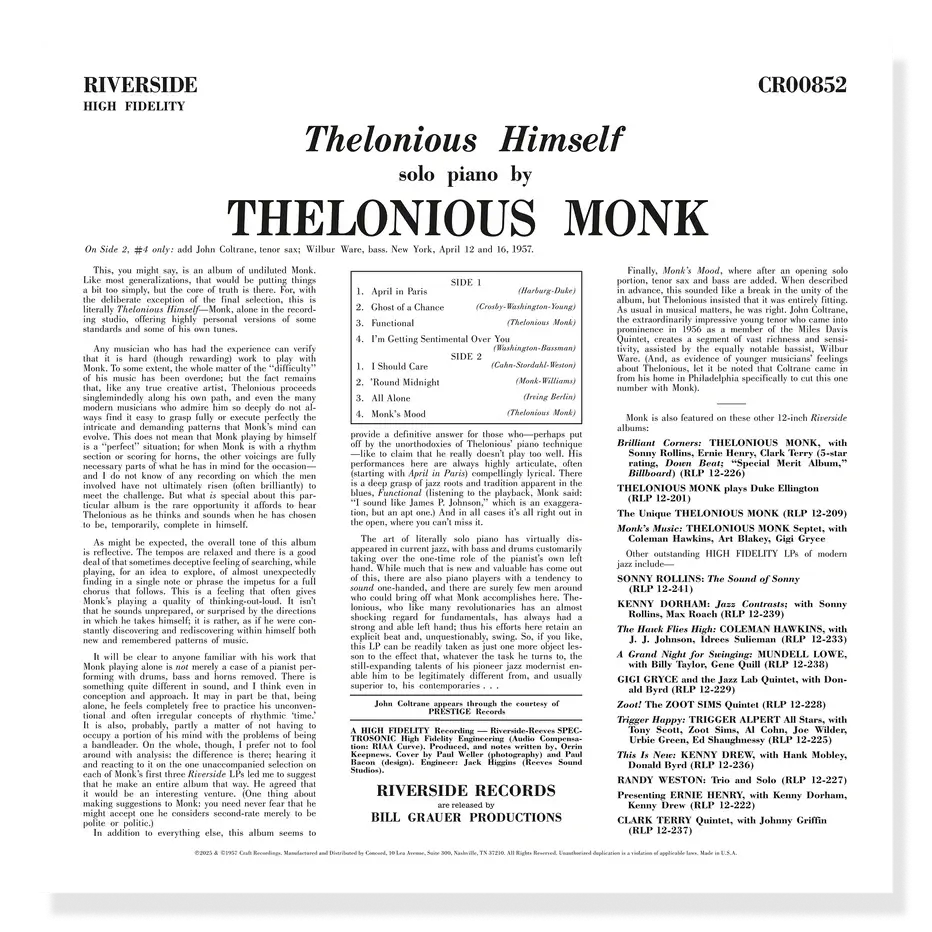 Thelonious Monk - Thelonious Himself (2025 Craft Recordings 180g Mono Vinyl LP)