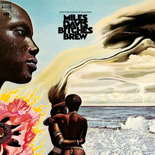 Album cover for 'Bitches Brew' by Miles Davis featuring a stylized portrait, hand, and natural elements.