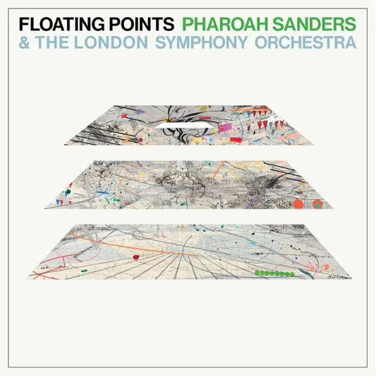 Album cover with 'Floating Points', 'Pharoah Sanders', and 'The London Symphony Orchestra' text above abstract geometric shapes.