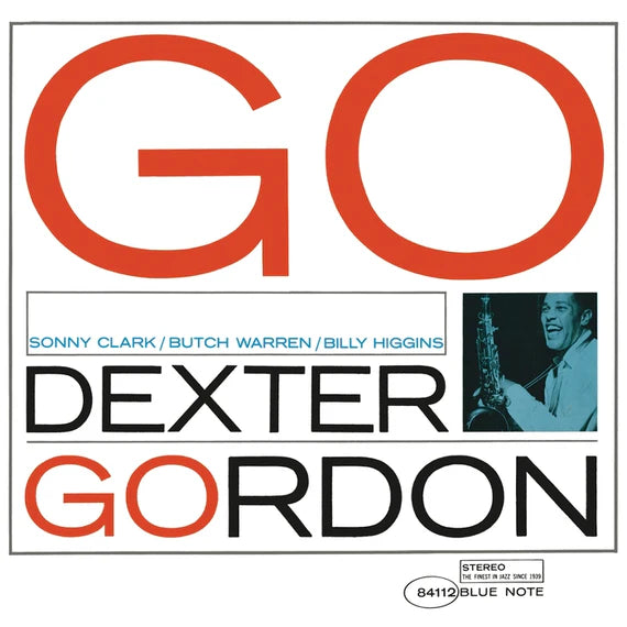 Album cover for GO by Dexter Gordon featuring large red and black text with a small photo of a saxophonist.