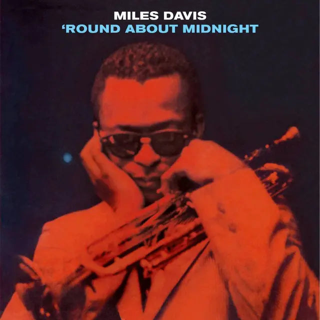 Album cover of 'Round About Midnight by Miles Davis with a stylized portrait of the artist holding a trumpet.