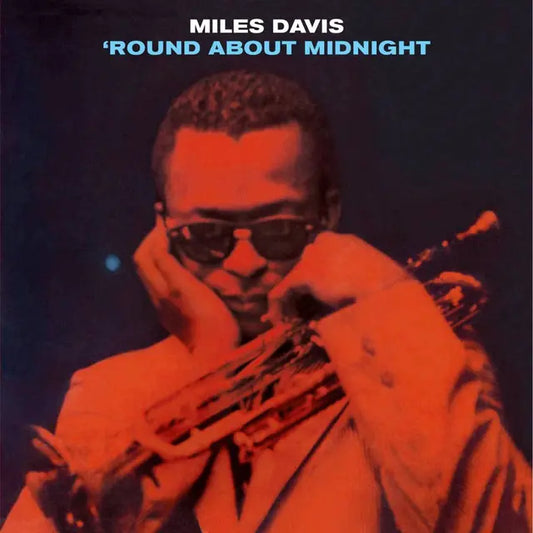 Album cover of 'Round About Midnight by Miles Davis with a stylized portrait of the artist holding a trumpet.